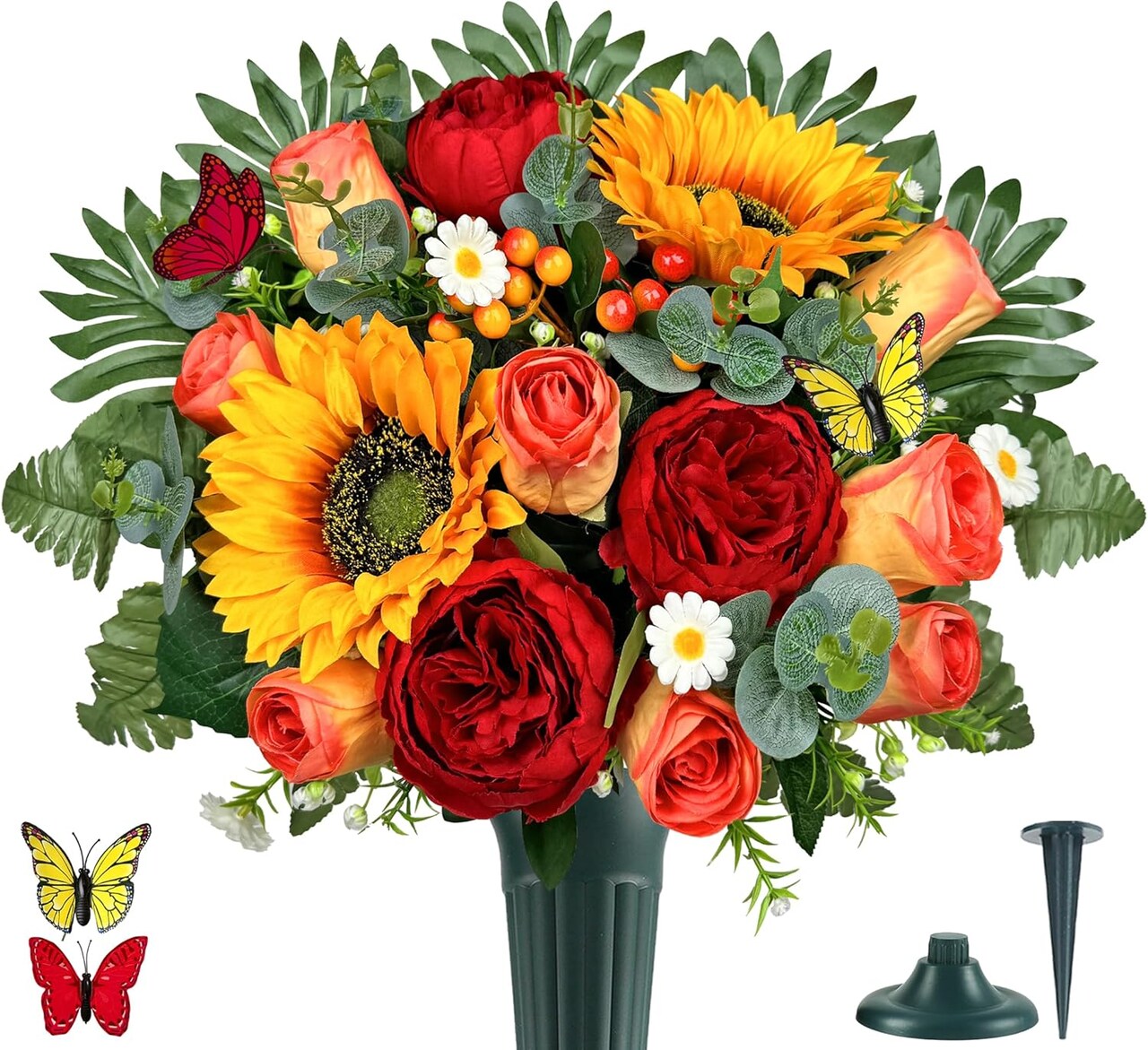 Artificial Cemetery Flowers for Outdoor Grave – Realistic Sunflower & Rose Memorial Bouquet with Vase for Sympathy and Headstone Decorations
